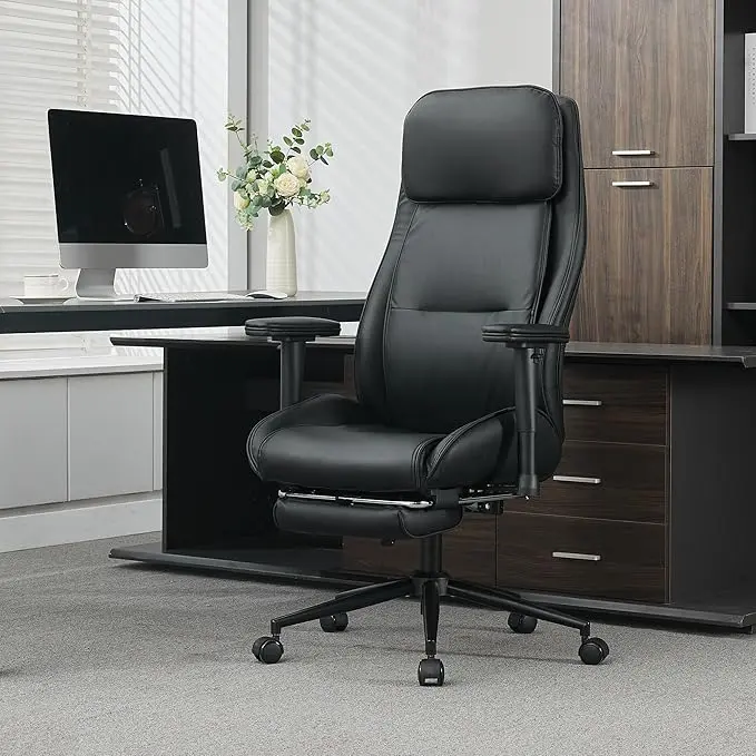 Qulomvs Reclining Office Chair with Footrest & Lumbar Support – Ergonomic High Back PU Leather Desk Chair on Wheels, Modern Executive Swivel Chair for Home Office, Perfect for Long Hours & Back Pain