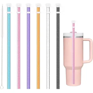 6-Pk Replacement Straws for Stanley and other Tumblers (14-40oz) - Glitter or Clear Straws With Reusable Silicone Covers, BPA-Free Accessories for Straw Cups Drinkware Beverage Stylish Colorful Set Mug Bottles