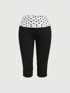Women's Y2K Vintage Polka Dot Patchwork Ruched Capri Pants – Sicily Vacation Skinny 3/4 Pants