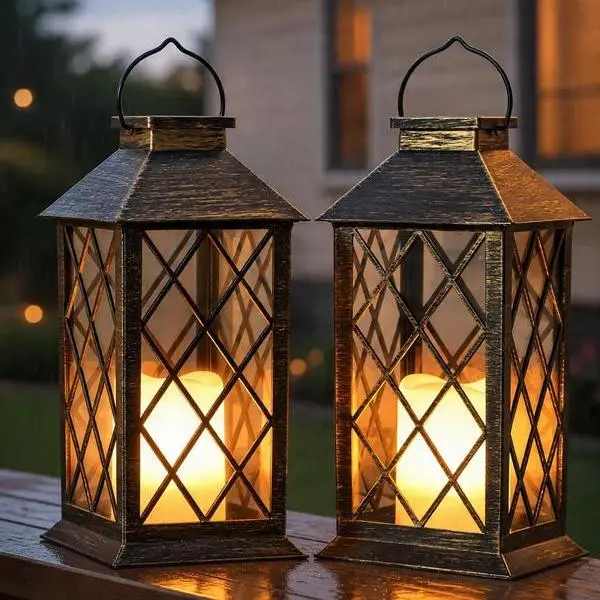 2PCS Bronze 13in Solar-Powered Outdoor Hanging Lanterns - Waterproof IP44 Durable ABS Plastic, Flickering Flameless LED Candles, Auto Dusk-On, Solar Outdoor Lights, 8H Charging, Mood Lighting, Garden Light Decor, Both Indoors/Outdoors, Festive Home Decor