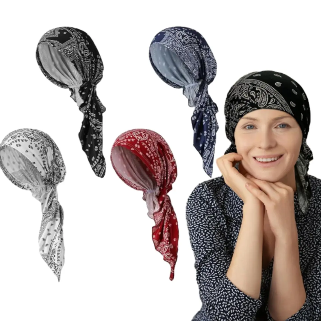 4Pcs Women Pre-Tied Chemo Turban Beanie Set, Soft Breathable Headwrap Bandana Headwear, Comfort Cancer Cap for Hair Loss Patients, Fashion Daily Head Scarf & Thoughtful Patient Gift