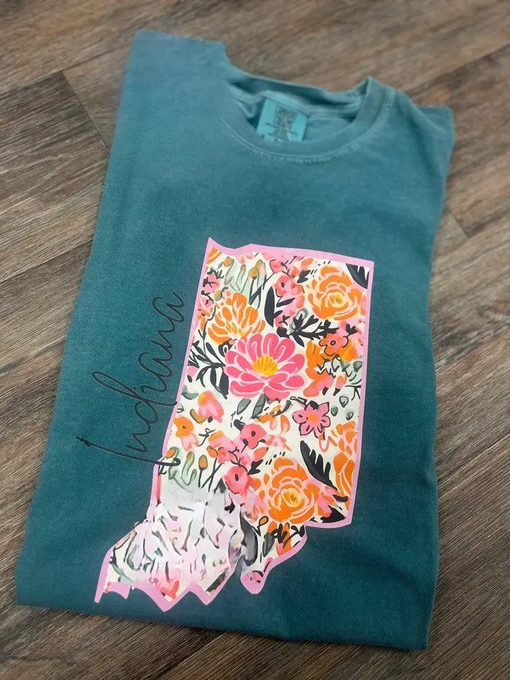 Comfort Colors Indiana Floral Tee Soft Emerald Green Women's Summer Top Comfortable Fabric Day Wear - Tshirt, Womenswear