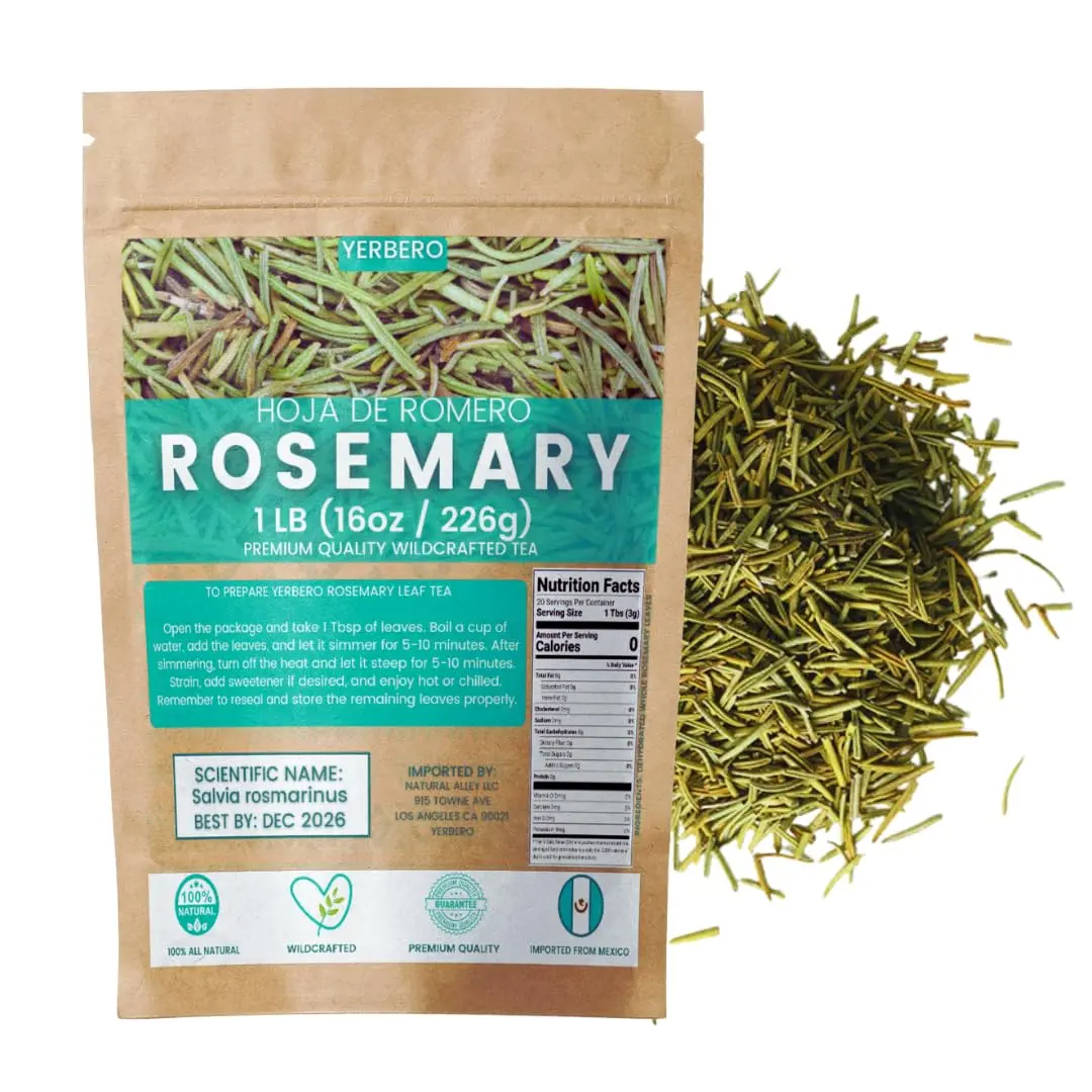 Yerbero Gourmet - Exquisite Whole Rosemary Leaves for Herbal Tea - 1 Lb (16oz / 453g) | Premium Rosmarinus Officinalis | Hoja De Romero Deshidratada | Ideal for Fine Teas & Culinary Creations, Natural & Gluten-Free