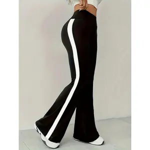 High-Waist Black Flare Pants / White Side Stripes / Leg-Lengthening / Casual Style / Suitable for All Seasons