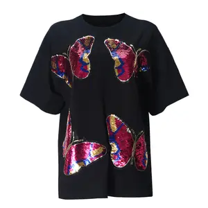 Sequin Butterfly Oversized Tee | Streetwear Embroidered T-Shirt,Vibrant Sequin Butterfly Embroidered Tee | Oversized Streetwear Top