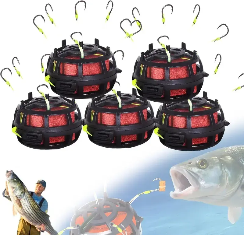 6 Hook Anti-Snag Fishing Rig with Bait Cage, Heavy-Duty Carp Feeder Rig, Wear-Resistant Anti-Tangle Design, High Capture Rate Carp Fishing Accessories, Professional Pre-Tied Feeder Rig for Big Carp Freshwater Angling