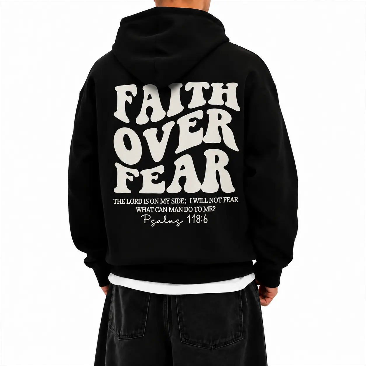 Men's Faith Over Fear Graphic Hoodie, American Casual Cotton Blend Long Sleeve Pullover, Regular Fit Hooded Sweatshirt, Durable Graphic Print, Soft Breathable Fabric, Everyday Comfort, Urban Outdoor Wear, Machine Washable