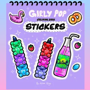 Girly Pop Coloring Book Stickers by Aidan Kings - Cute Flamingo, strawberries, Gummy Bears & Cute Designs for Creative Fun