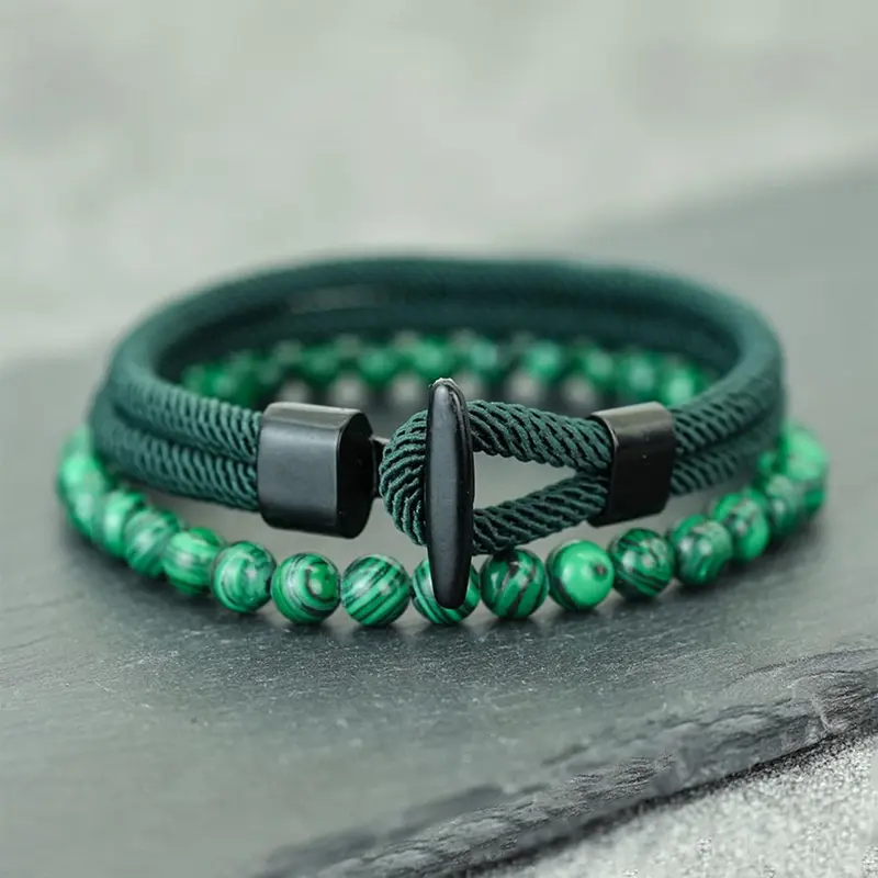 2-Piece Classic Men's Beaded Set, Handcrafted Natural Malachite Jewelry, Easy Rope Stylish Accessories, Exquisite Bracelet