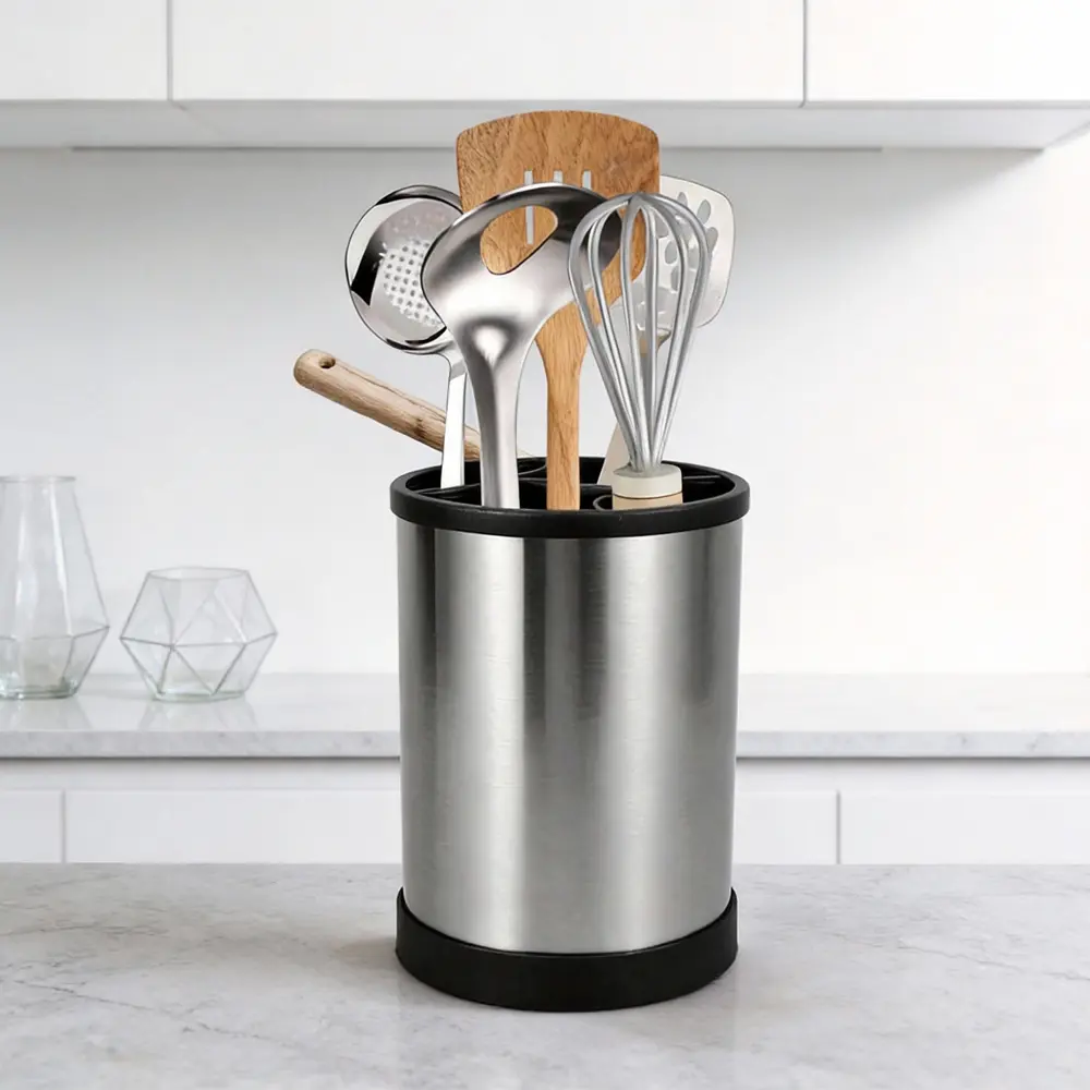 360° Rotating Stainless Steel Kitchen Utensil Holder, Multi-Function Countertop Cutlery Spoon Chopstick Storage Rack