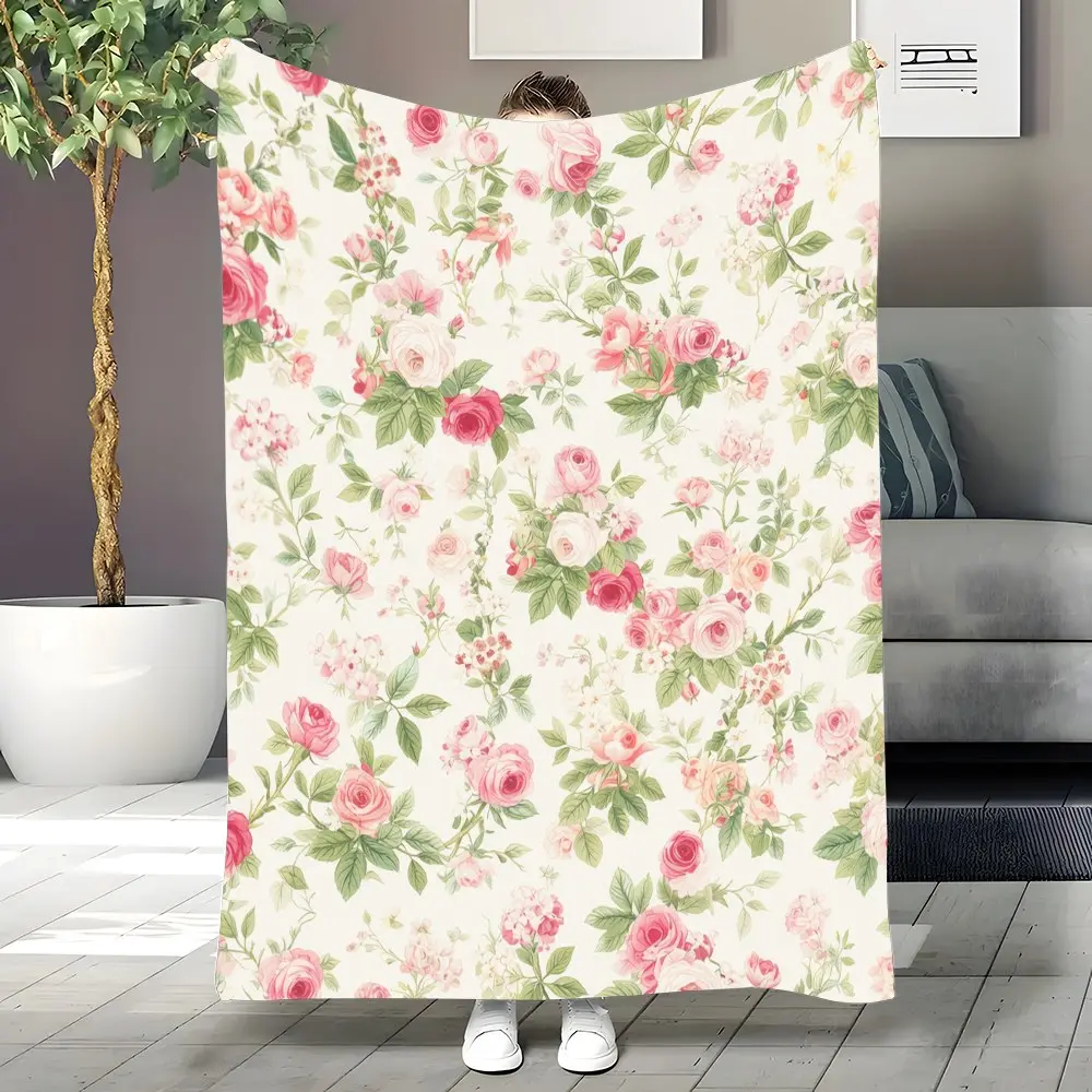 2D plane 1PC Pink Floral Fabric Patterned flannel blanket, multi-color digital print soft and warm blanket, Decorative Flower Bouquet blanket, birthday gift, home decor bed blanket, suitable for bedroom, sofa, office nap, and family travel.