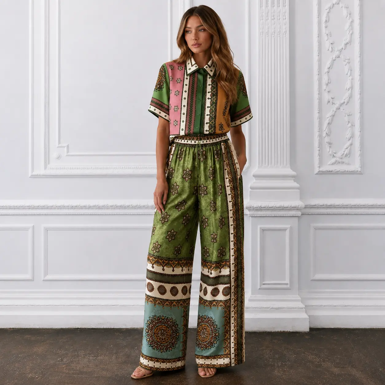 Women's Paisley Print 2-Piece Set, Short-Sleeve Button Shirt and Wide-Leg Pants, Aesthetic, Lightweight, Shortsleeve, Basic