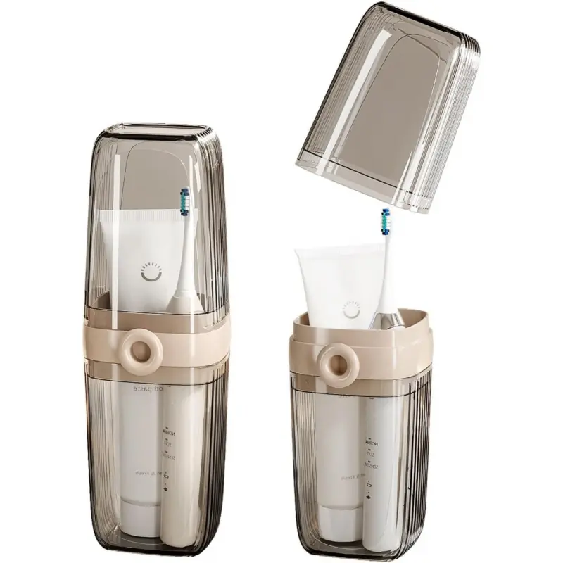Toothbrush Travel Case, 2 in 1 Toothbrush Holder and Rinse Cup, Large Capacity Toothbrush Cup with Cover, Portable Travel Toothbrush Holder for Traveling, Camping, Trip - 1Pcs - Beige&Clear-L