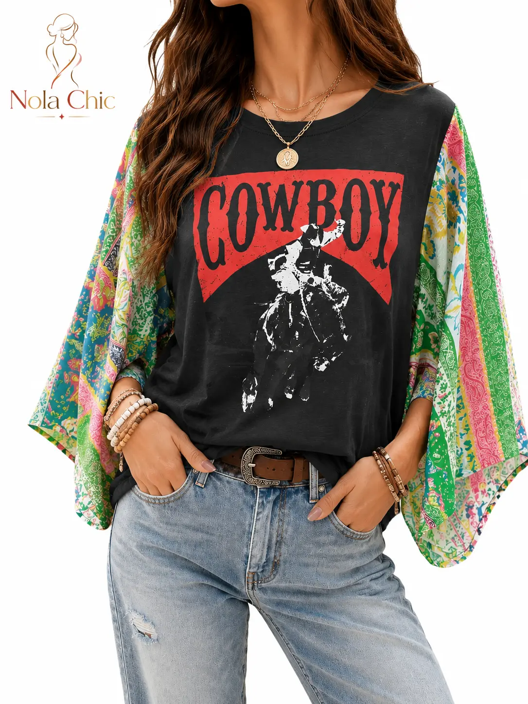 Nola Chic Women's Western Cowboy Graphic T-Shirt - Colorful Paisley Batwing Sleeve, Bohemian Drape Fashion, Denim-Pairing Everyday Loose Fit Cowgirl Blouse, Boho Casual, Graphic Print, Soft, Western Clothes