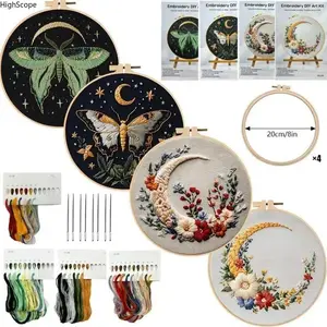 Beginner Hand Embroidery Kit, Elegant Butterfly Moon Cross Stitch Set, Complete DIY Craft Kit with Printed Fabric Threads Needles