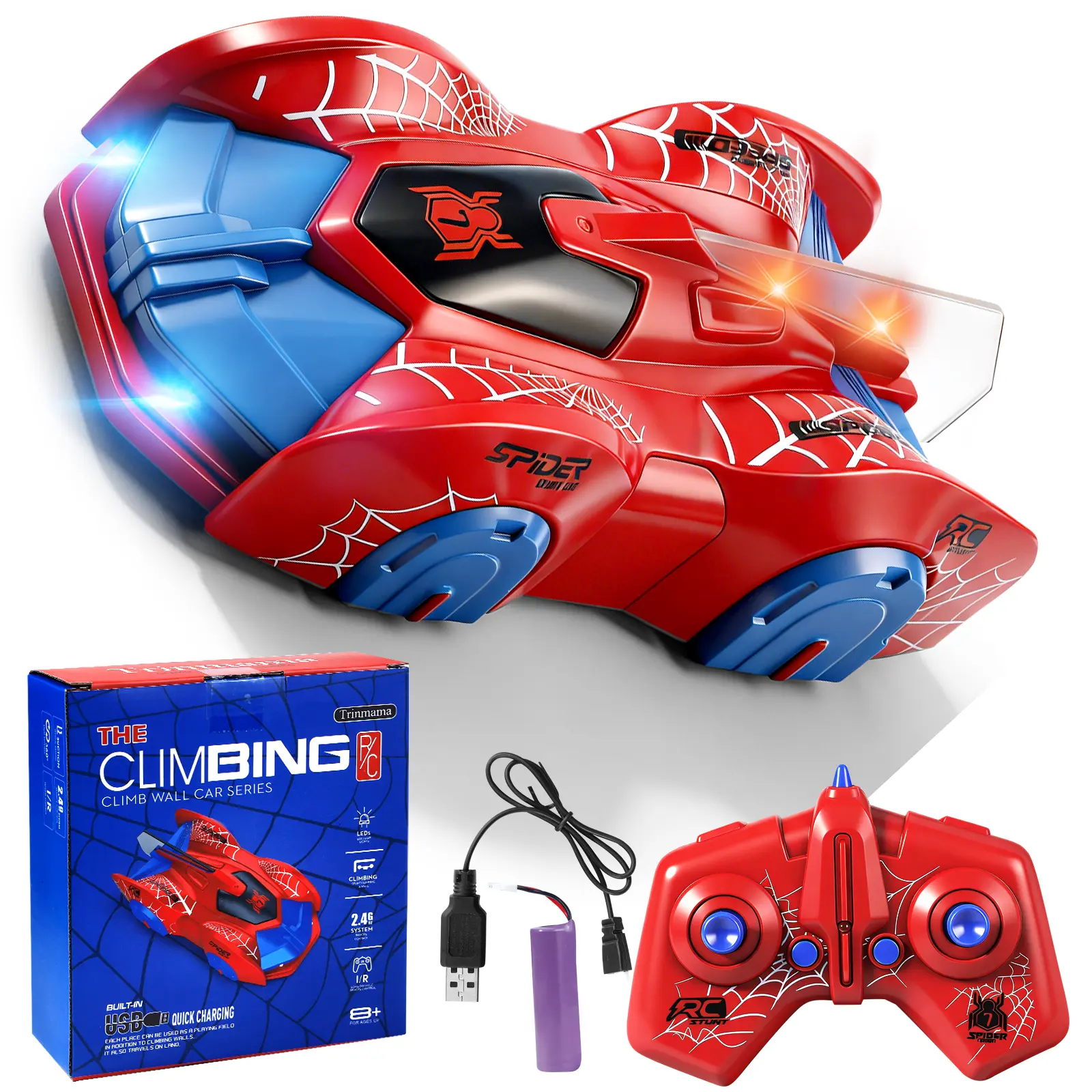 Spider Style Wall Climbing RC Car for Kids, Rechargeable 360° Rotating Remote Control Stunt Car with LED Lights, Indoor Wall Climber Toy for Boys Girls