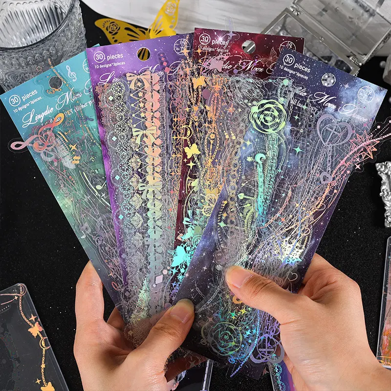 "Night Fantasy" DIY Laser-Foil Stamped PET Scrapbook Stickers, 120-Sheet Aesthetic Journal Die Cut Decals for Shimmering Decorative Use, Aesthetic Stickers, Journal Stickers