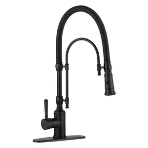 WOWOW Matte Black Brass High Arc Gooseneck Pull Down Sprayer Kitchen Faucet, Single Handle Deck Mount with Faucet Sprayer Attachment, 2 Sprays, Pre-Rinse Mode, Self-Install Capable, Faucet Attachment