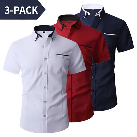 Men’s 3-Pack Short-Sleeve Dress Shirts with Contrast Collar, Wrinkle-Free Slim Fit, Business Casual Style, Contrast Pockets