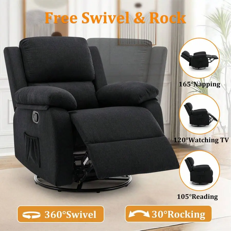 Recliner Chair, 360 Swivel Rocker Chair For Adults, Small Rocking Recliner Chair For Small Spaces, Upholstered Fabric Glider Recliner Nursery Chair With Side Pockets For Living Room, Nursery,Multiple Colors Adjustable Reclining Ergonomic Armchair