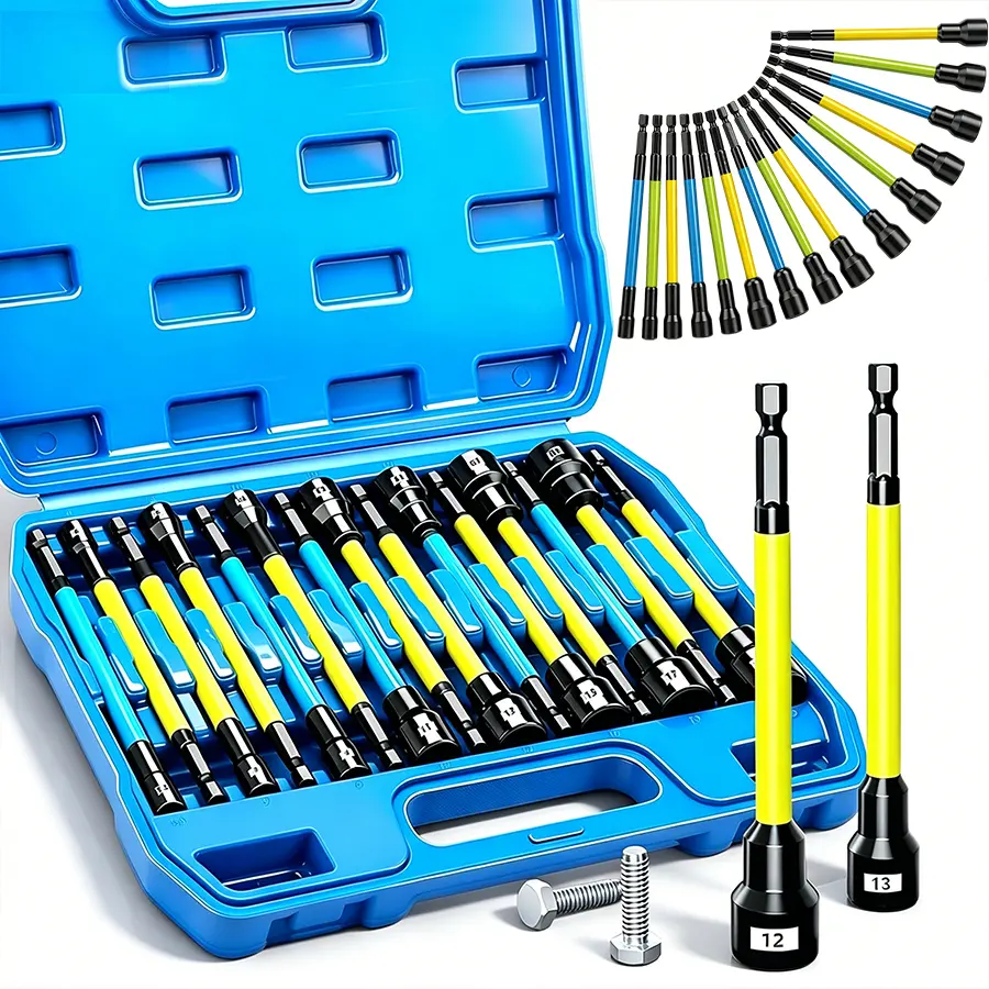 15Pcs Magnetic Nut Driver Set,Impact Power Hex Extra Long Nut Driver Drill Bit Master Kit | Metric | 1/4 Inch Hex Shank | Cr-V Steel