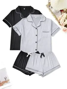 Women's Sleepwear Set, Lapel Cardigan & Solid Color Short Sleeve Shorts, Four Seasons Comfortable Home Wear Loungewear