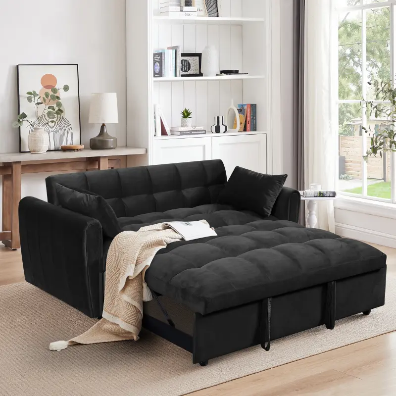 64.9" Large Size Convertible Sleeper Sofa Bed, 3-in-1 Velvet Loveseat with Adjustable Backrest & Storage Pocket and pillow, Modern Futon for Small Spaces, Apartment, Living Room, Office
