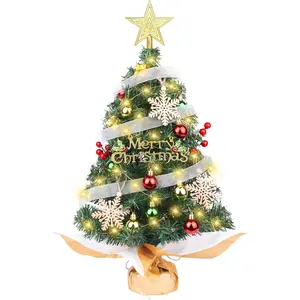 Small Christmas Tree with Lights, 2ft/24 inch Artificial Mini Table Top Christmas Tree Decorations with Star Tree Topper, Hanging Balls and Ornaments, Gift Pack, 25 Pcs Little DIY Xmas Tree