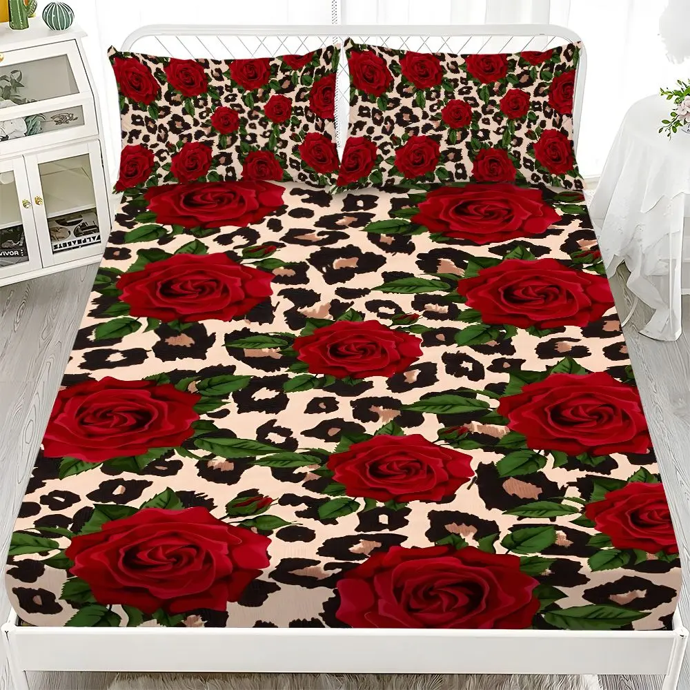 Fitted Sheet 3-Piece Set - 2D Flat Printed Leopard Print with Red Rose Pattern Mattress Covers, Available in 10 Sizes (1 fitted sheet + 2 pillowcases, no insert). skin-friendly and breathable bedding, suitable for family bedrooms .