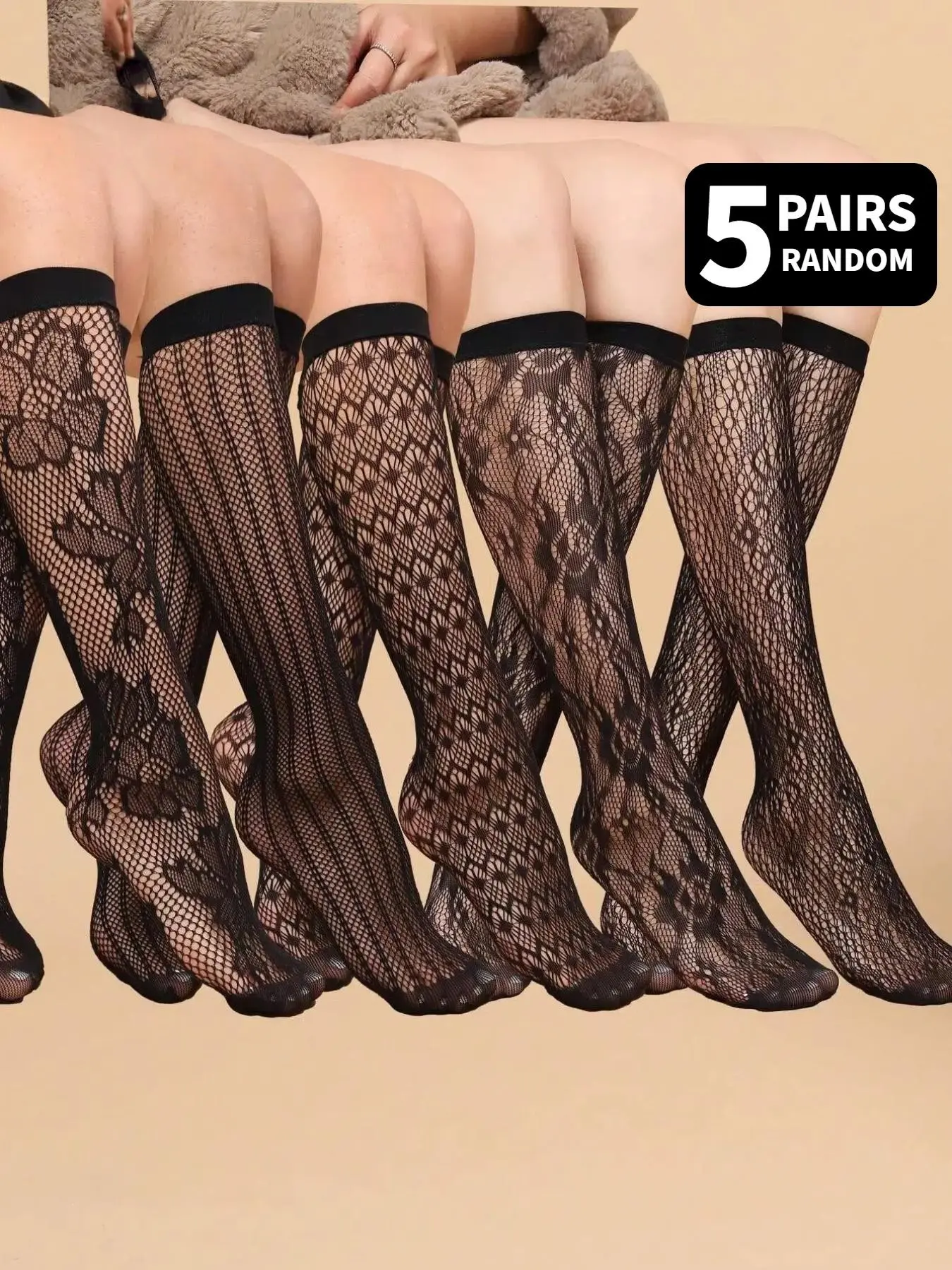 5 Pairs of Randomly Selected Women's Mid-Calf Socks Women's Lace Openwork Geometric Knee-High Socks Unique Design, Y2K Trend Fashion