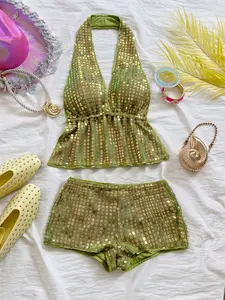 Sequin Halter Peplum Top & Shorts Set – Sparkly Backless Party Outfit for Women