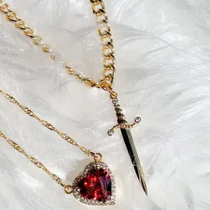 Trendy Couple Necklace Set Arrow & Dagger Heart Pendant Sparkling Diamond Jewelry Matching Necklaces for Women & Lovers