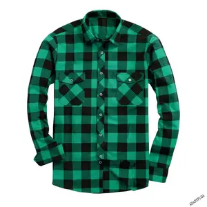 Men's Casual Plaid Flannel Shirt - Long Sleeve, Button-Up, Green and Black Checkered Pattern, All-Season Comfort, Allseason Shirt |     Classic Collar |     Durable Fabric