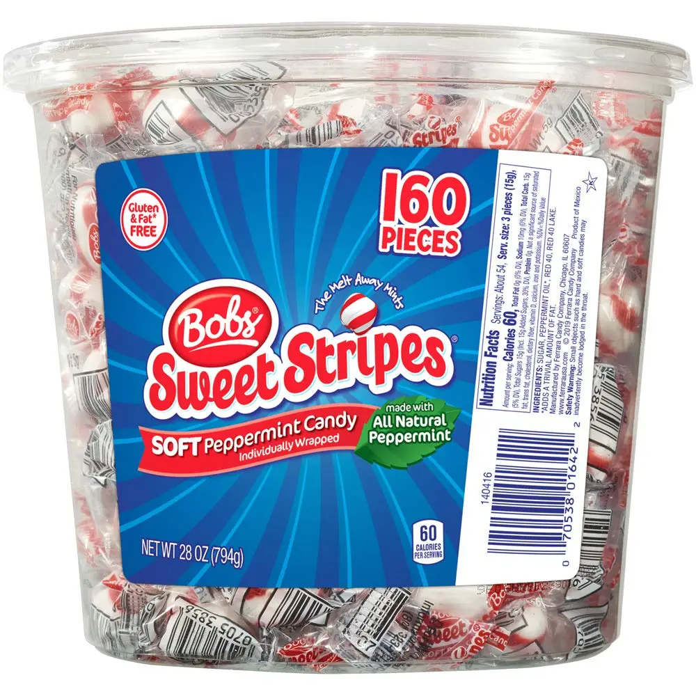 Brach's Bobs Sweet Stripes Soft Peppermint Candy, 160 Individually-Wrapped Pieces, 28 Ounce Jar Snack Bonbon Sugar Artificial