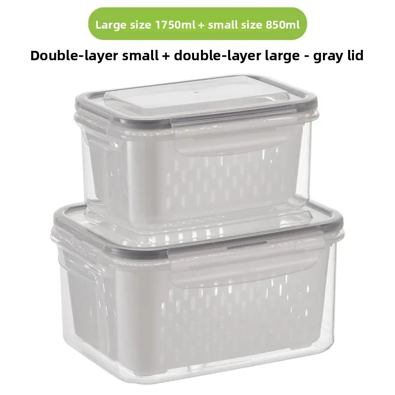 Double-layer thickened storage box with drain basket, fruit and vegetable draining box, refrigerator refrigeration storage box, set of 6 Reusable Stackable Containers