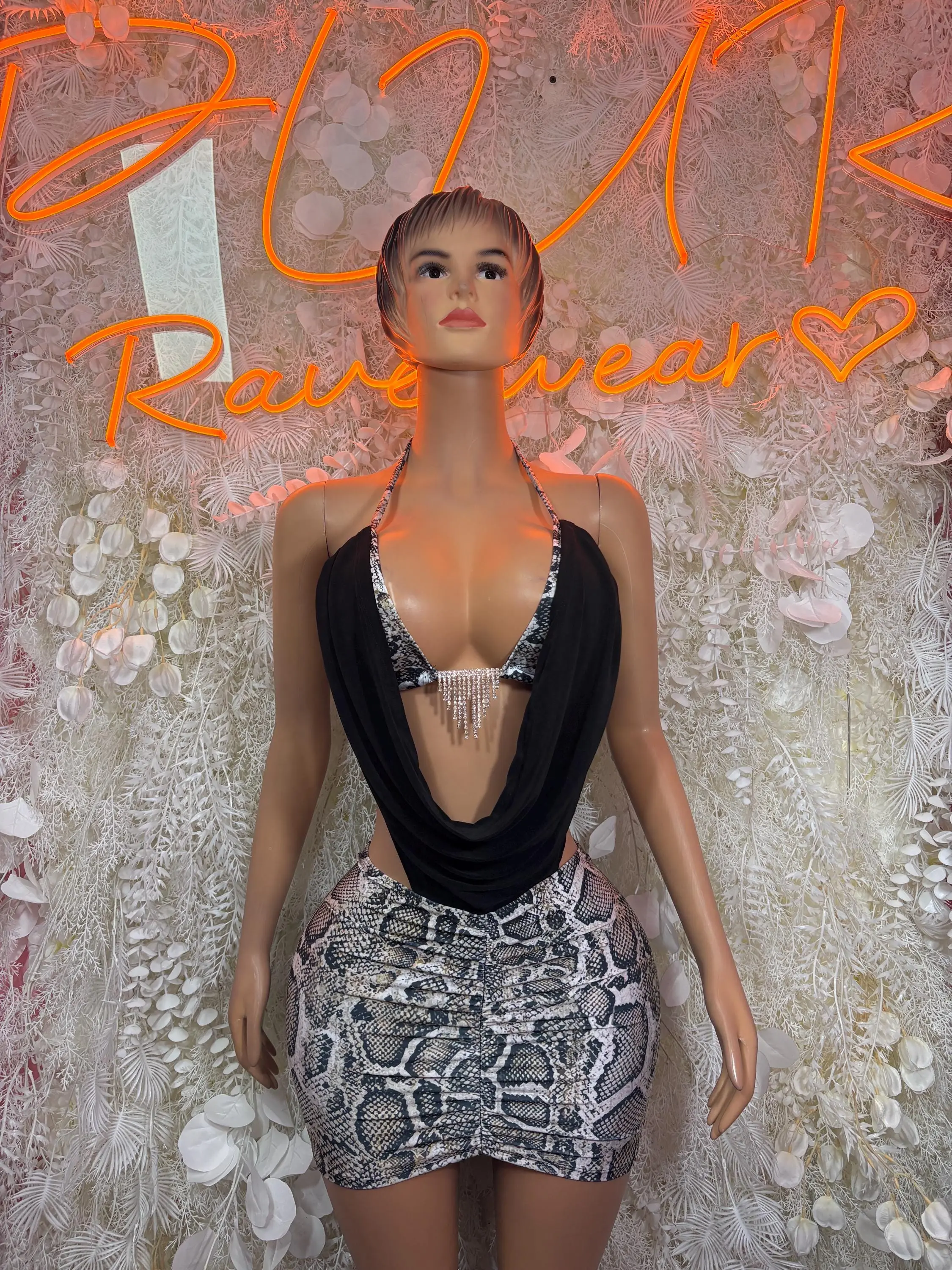 Women's 2-Piece Festival Clothes Set - Black Cowl Neck Rhinestone Fringe Top, Ruched Snake Print Mini Skirt for Club Events, Rave Wear