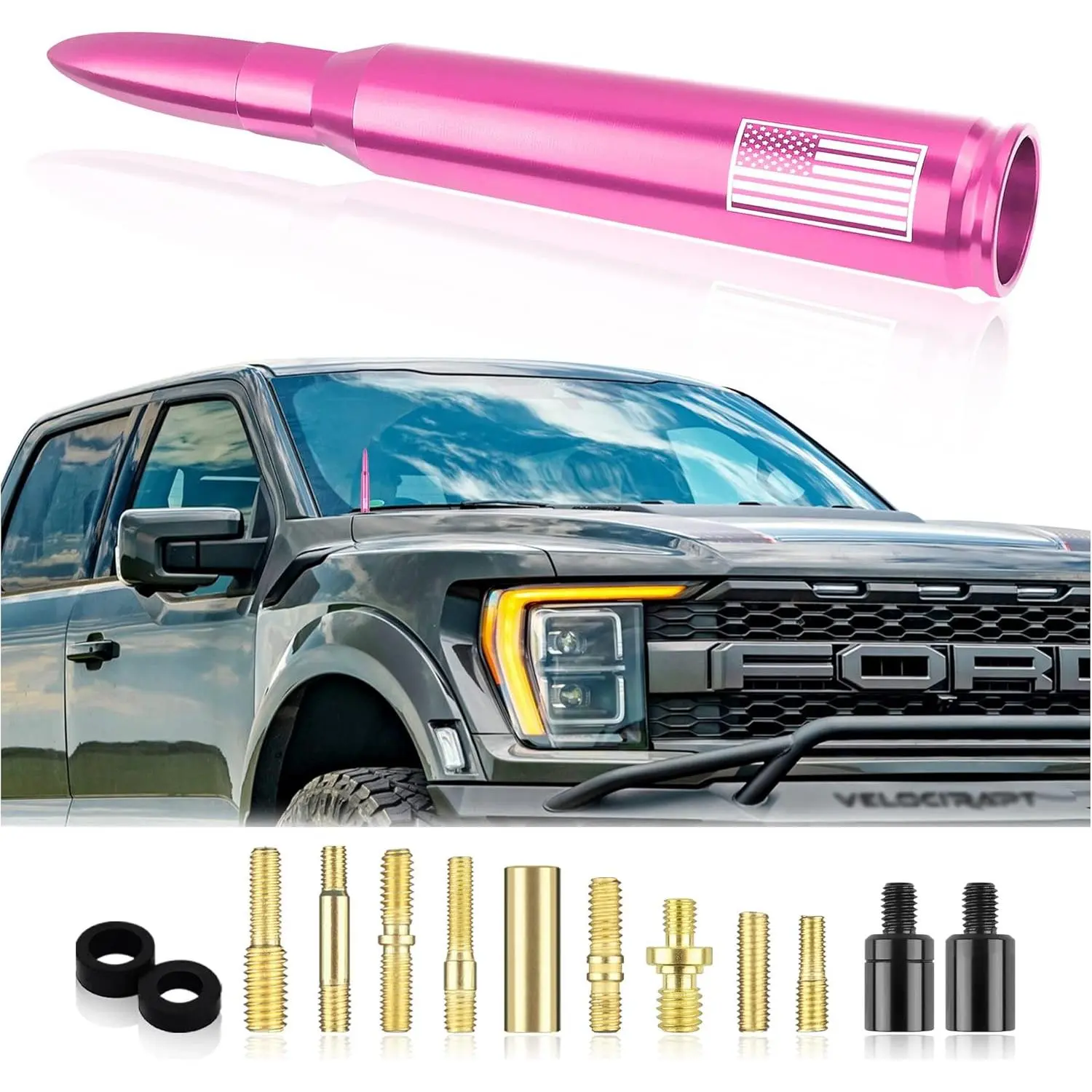 Upgrade American Flag Car Bullet Antenna,Truck Exterior Accessories Antenna Toppers Compatible with GMC,Chevy Silverado,Dodge,Ford,Jeep Antennas Replacement (Premium Pink - U.S.Flag