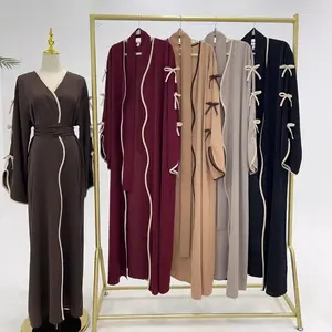 2025 Eid Middle East Muslim Women Bow Sleeves Dress Ramadan Dubai Kimono Abaya Islamic Party Outfit Fashion Turkey Modest Robe