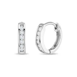 Channel Set Cubic Zirconia 9mm Earrings Hoop/Huggie Safety Latch - Sterling Silver