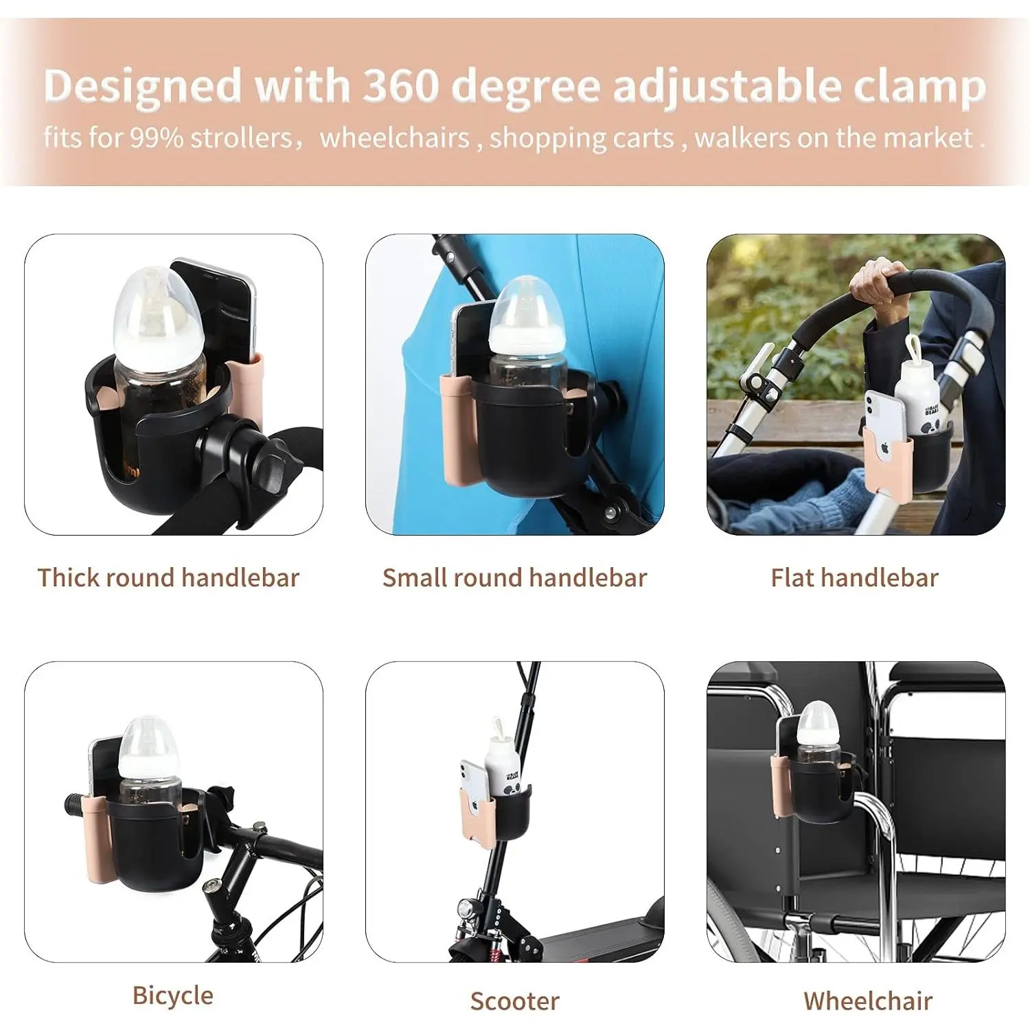 Stroller Cup Holder with Phone Holder, Bike Cup Holder, Universal Cup Holder for Uppababy Nuna Doona Strollers, 2-in-1 Cup Phone Holder for Stroller Bike Wheelchair Walker Accessory Stroller Cup Holder with Phone Holder, Bike Cup Holder, Universal Cup Holder for Uppababy Nuna Doona Strollers, 2-in-1 Cup Phone Holder for Stroller Bike Wheelchair Walker Accessory