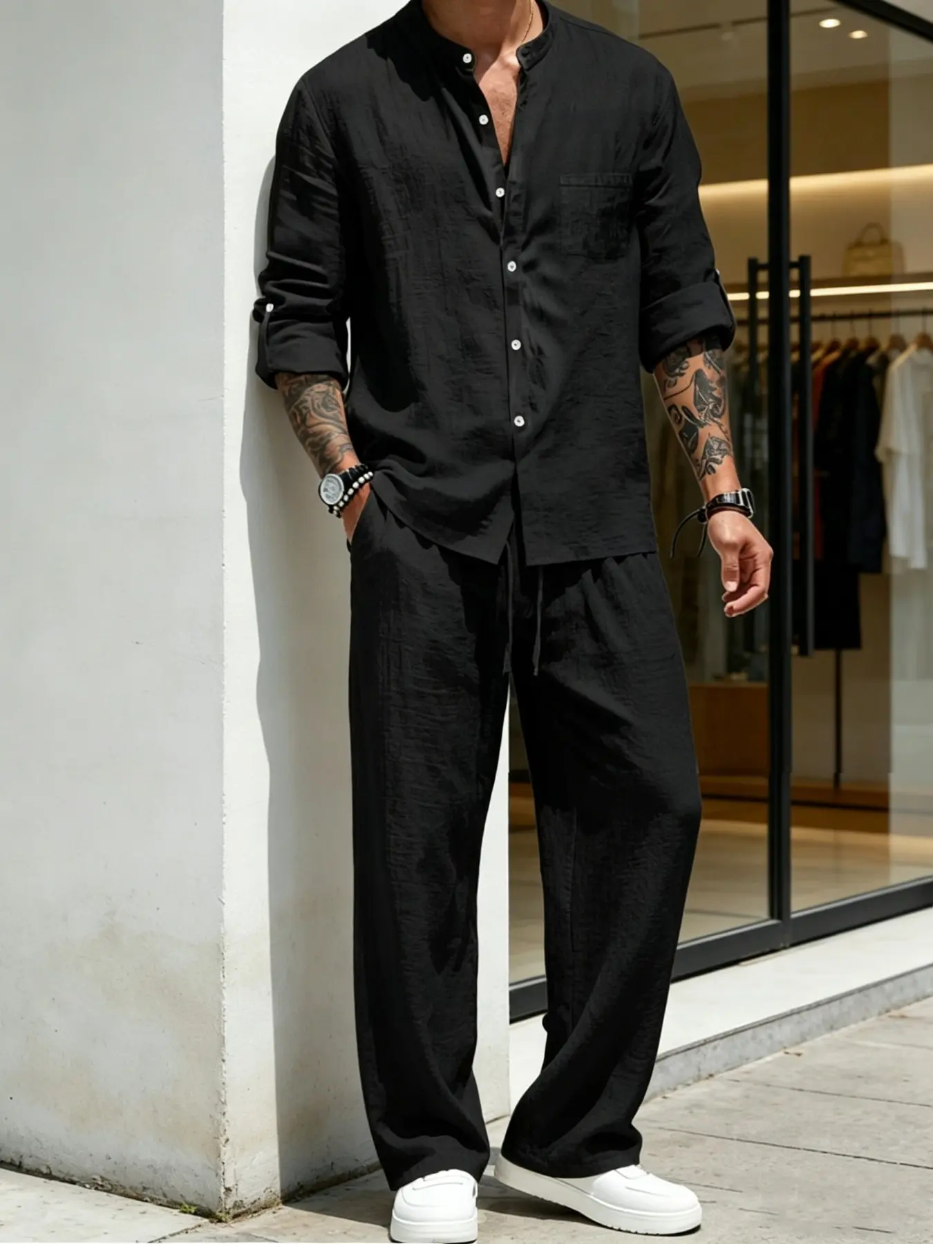 Men's Linen Stand Collar Long Sleeve Button Shirt and Tie Waist Pants Set, Changeable Outfit Set, Lightweight Business Casual Formal Resort Style, Essential Men's Wardrobe