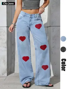 Women's Heart Embroidered Wide Leg Denim Jeans, Unique Fashion Blend of American Vintage and Y2K Style, Perfect for Dates and Parties