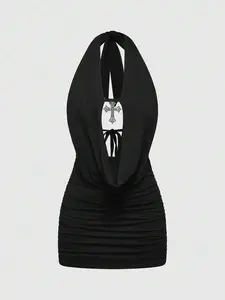 Grunge Punk Sexy Leopard Print Cross Pendant Lace Up Draped Neck Mini Dress For Women, Suitable For Beach Vacation, Gyaru Concert Outfit