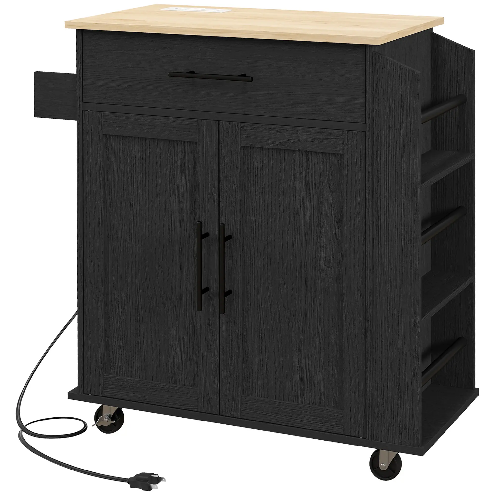 HOMCOM Kitchen Island with Storage, Rolling Kitchen Cart with AC Outlets and USB Ports, Microwave Stand with Towel and Spice Rack, White