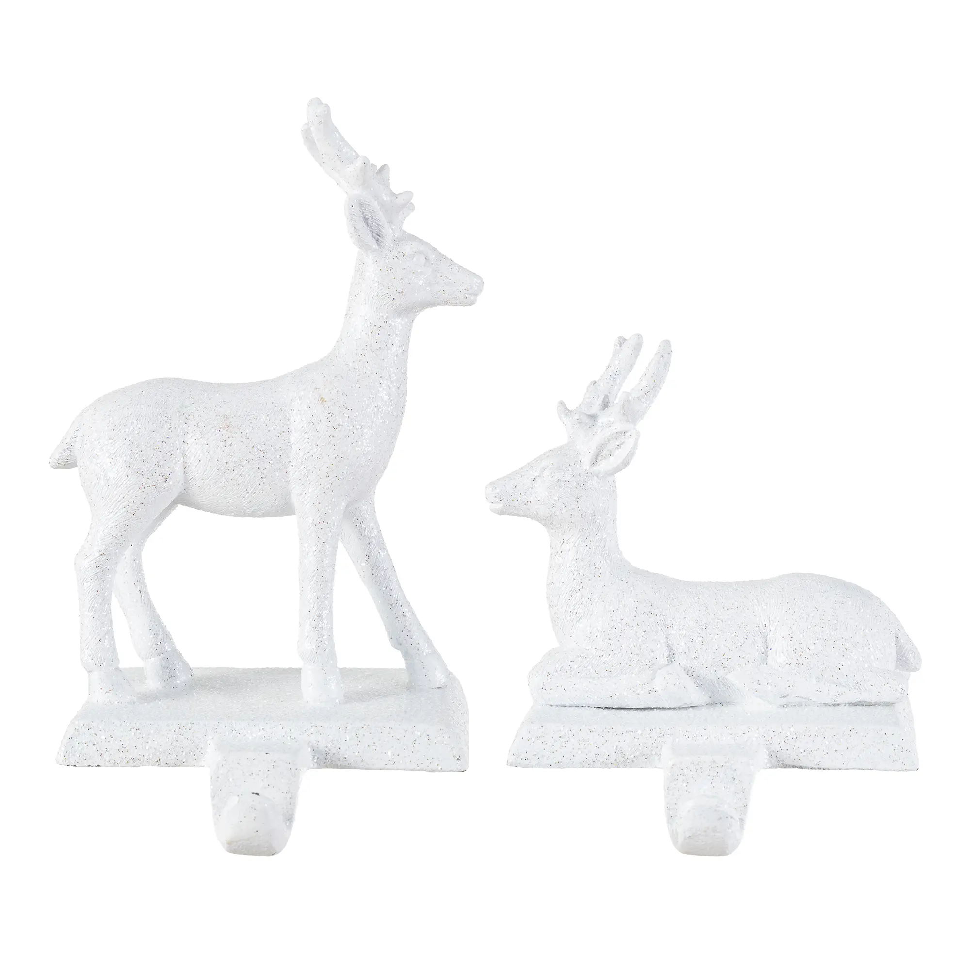 Glitzhome 2-Piece Polyresin-Iron White Glitter Christmas Reindeer Stocking Holders - Standing, Sitting Designs, Weighted Base, Hook for Modern Festive Decorations