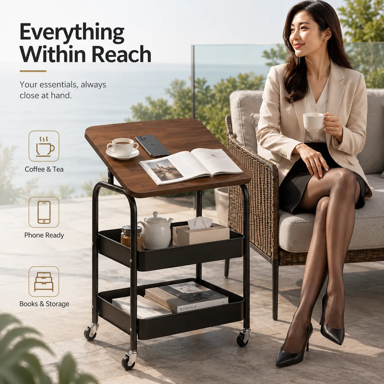 Rolling Side Table with Adjustable Tilt Top & Tablet Stopper, Heavy-Duty Iron Frame, 2 Storage Baskets, Quiet Wheels with Foot Brakes, Black or White