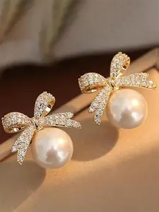 Summer Faux Pearl & Rhinestone Decor Bow Design Dangle High Quality Earrings, Elegant Jewelry for Women for Party, Daily Clothing Decor, Trendy Jewelry As Gift