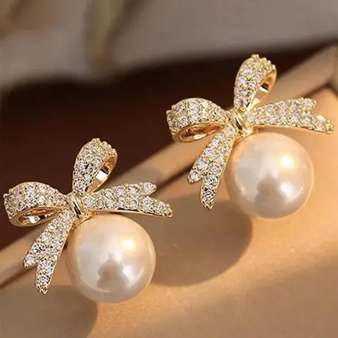 Summer Faux Pearl & Rhinestone Decorated Bling Decor Bow Design Dangle High Quality Shining Earrings, Fashionable Earrings, Dangling Earrings, Elegant Jewelry for Women for Party, Daily Clothing Decor, Trendy Jewelry As Gift, Trendy Jewellery Accessories