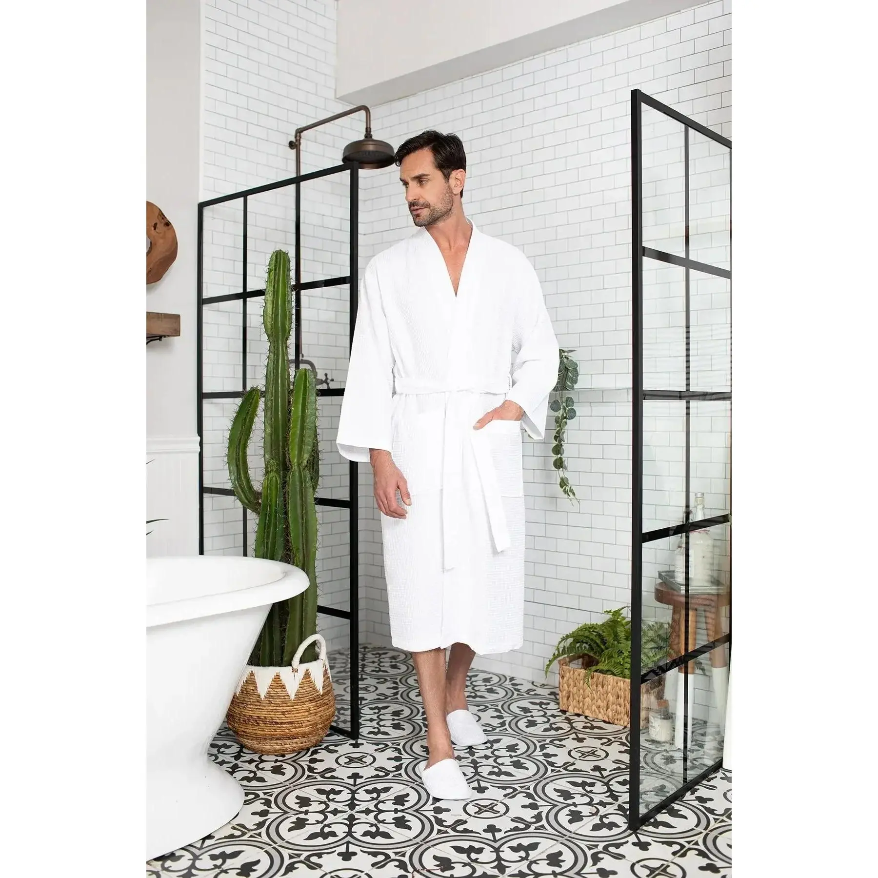 Lotus Linen Men's Waffle Long Sleeve Tie-Fitted Spa Bathrobe - Absorbent, Lightweight