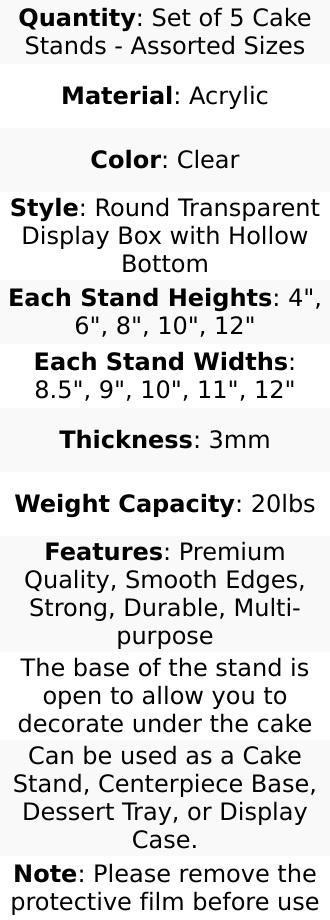 Set of 5 Acrylic Cake Stands 8.5", 9", 10", 11", 12" Round Cylinder Design Clear - Display Risers for Weddings